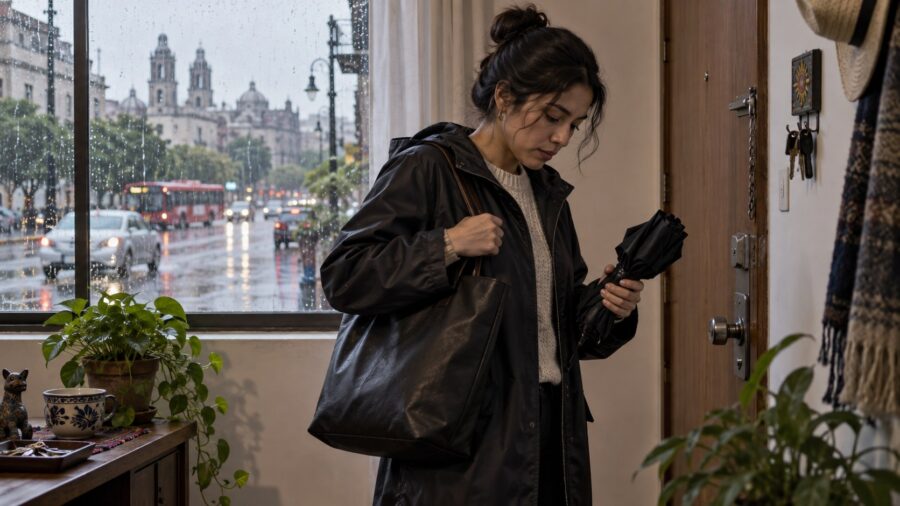 Ilustración editorial de una mujer alistando su paraguas antes de salir, con lluvia visible en la ciudad